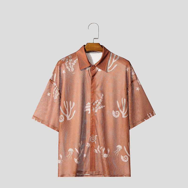 

INCERUN Men s Short Sleeve Button Up Hollow Out Print Summer Male Shirts Streetwear 3XL