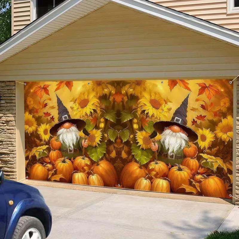 2D Fall Gnome Pumpkin Sunflower Garage Door Banner Backdrop