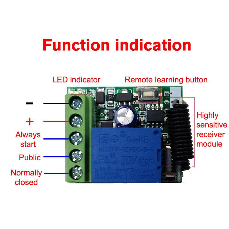DC 12V 10A RF Relay Receiver 433mhz Wireless Remote Control EV1527 Learning Code Transmitter 2 bottons