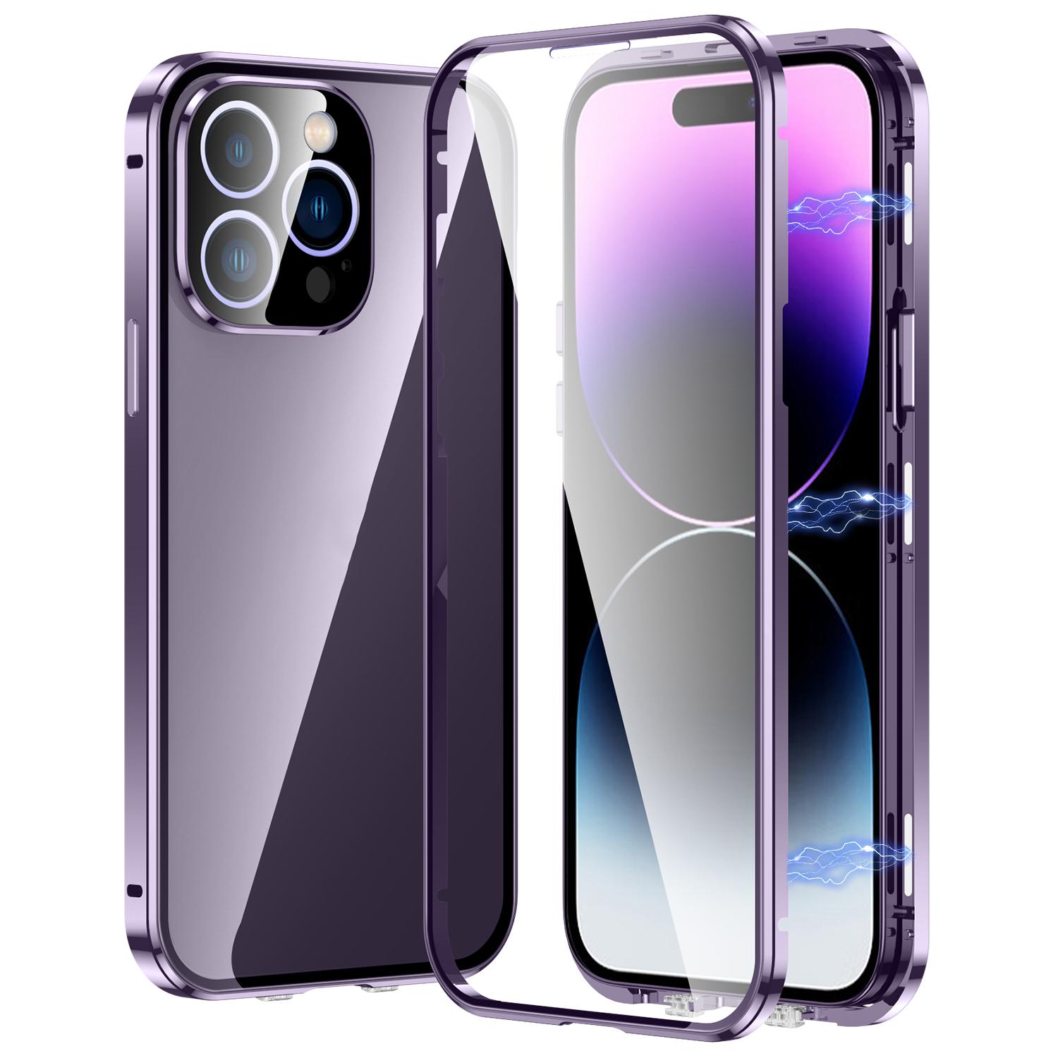 

For iPhone 16 Pro Case Magnetic Adsorption Double Sides Tempered Glass+Metal Phone Cover with Buckle Purple
