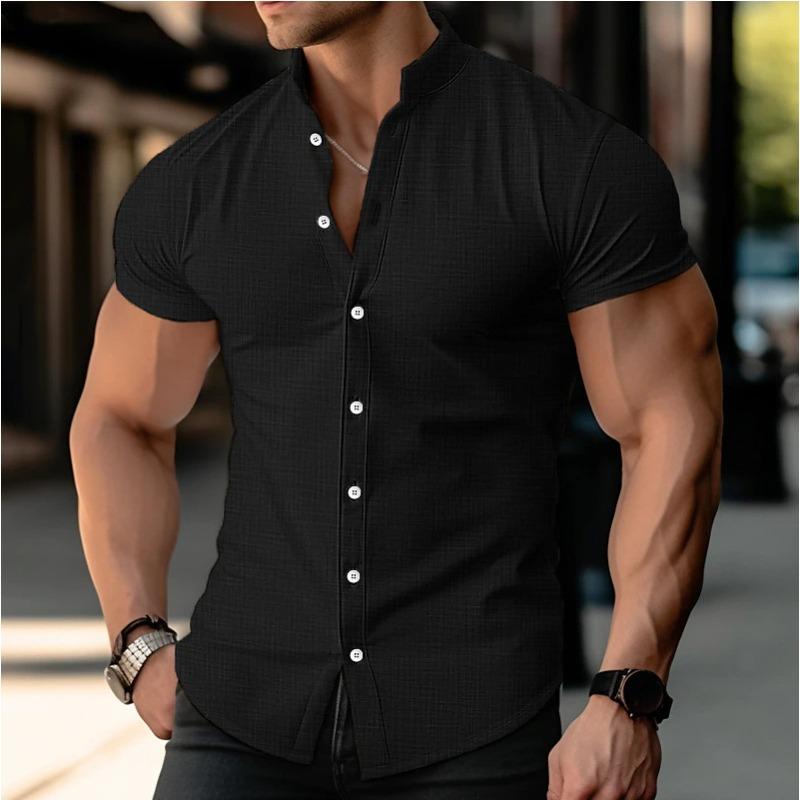Summer Men's Plus Size Shirt Teenage Home Solid Color Short Sleeved Lapel Shirt Linen Top