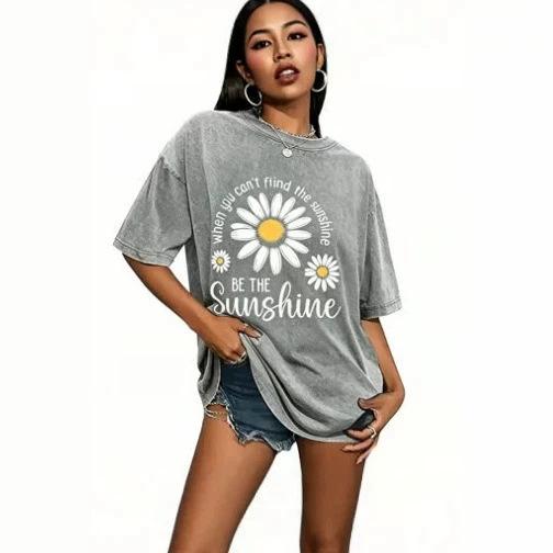 Women Summer Daisy Print T Shirt Crew Neck Loose Short Sleeve Casual Oversized Tee Tops 2026 New