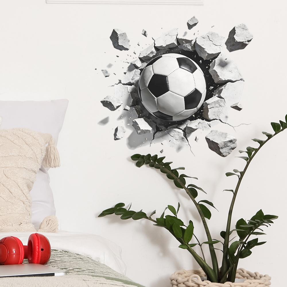 3D Breaking Through Wall Soccer Football Wall Sticker Self-Adhesive Removable for Bedroom Living Room Hallway Background Wall Sports Home Decor Art