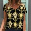 Women Print V Neck Short Sleeve Casual Loose Tunic Tops