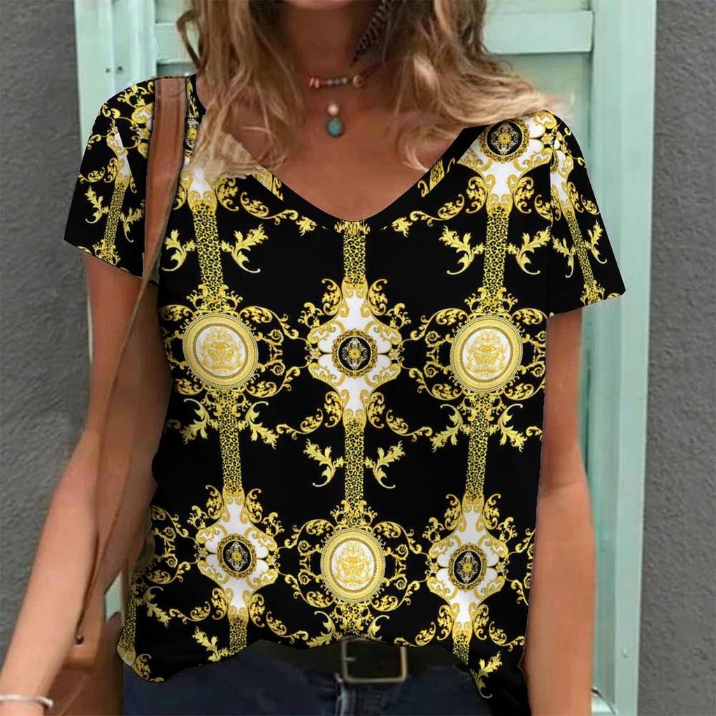 Women Print V Neck Short Sleeve Casual Loose Tunic Tops