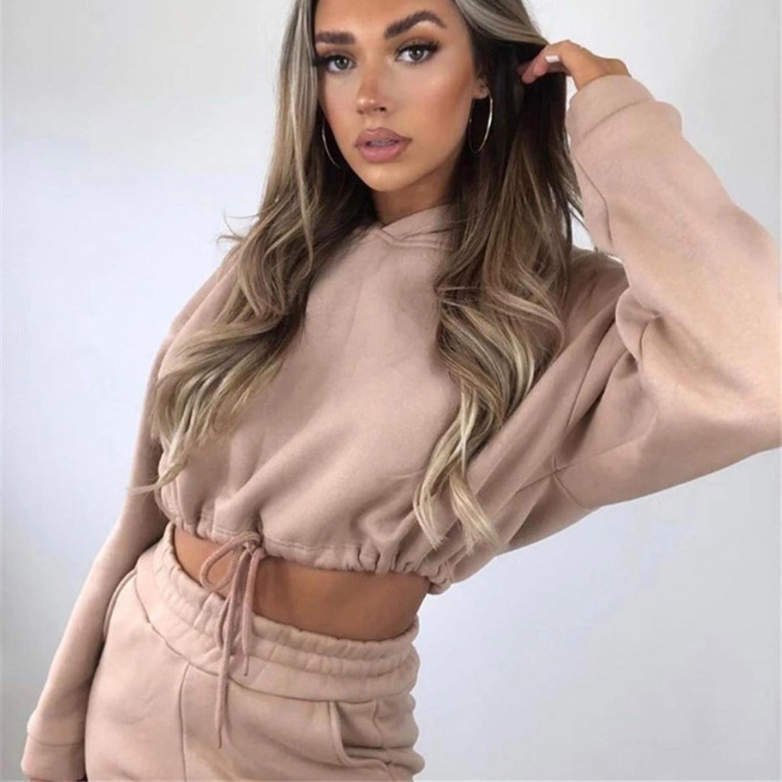 

Women s Casual Color Long Sleeved Hoodie Trousers Sweatershirt Sports Suit XL хаки