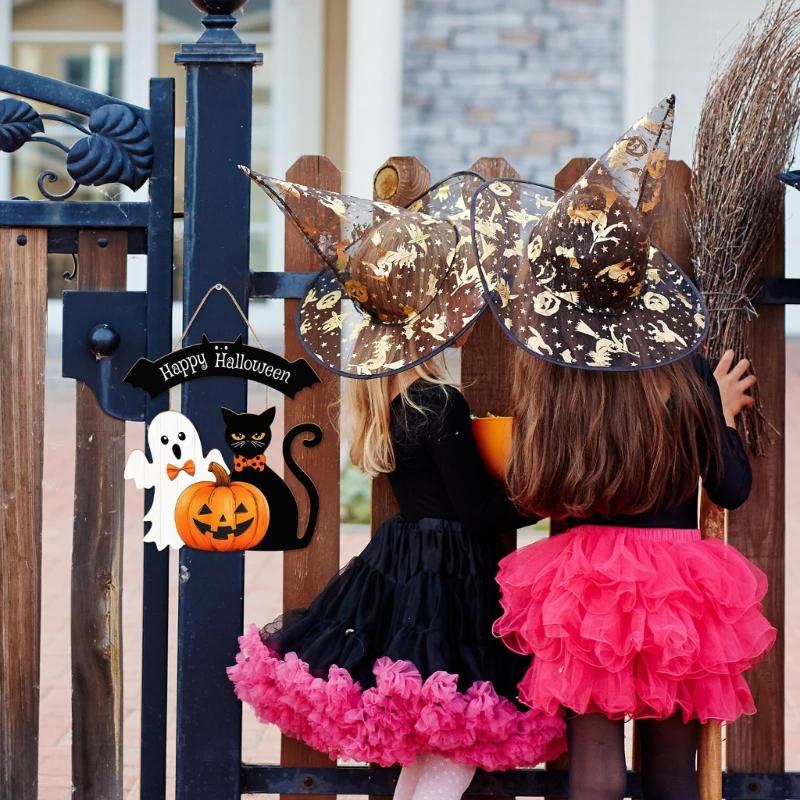 Halloween Dekoration Holz Halloween Türkranz für Haustür Schilder Katzen Kürbis Hängende Schilder für Heim Wanddekorationen