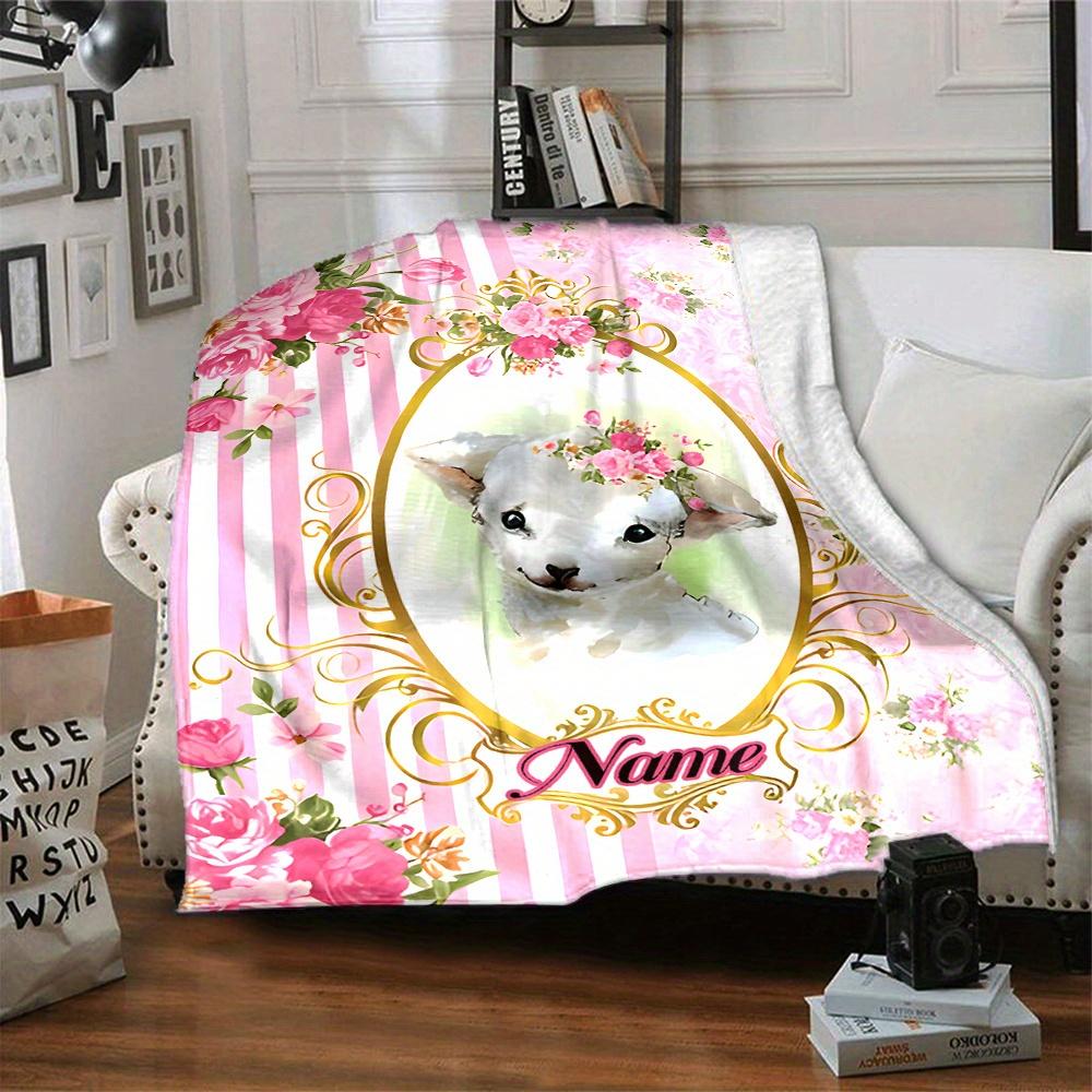 Adorable Puppy In Floral Frame Four Seasons Blanket Customized With Your Name Lightweight And Warm Perfect Gift For Home Office Camping Sofa Travel