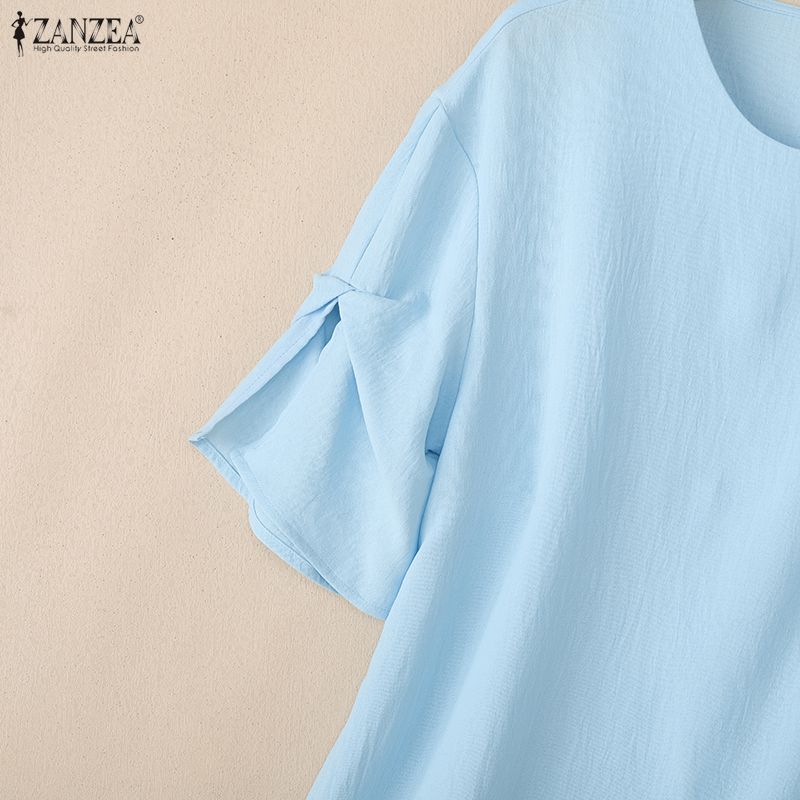 ZANZEA Women Round Neck Solid Color Casual Short Sleeve Blouse