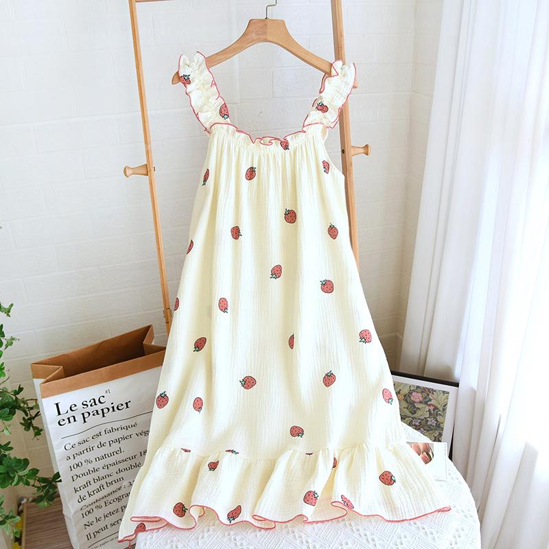 Women's Polka Dot Cotton Gauze Nightdress - Summer Sling, Mid-Length, Sweet & Lovely Pajamas