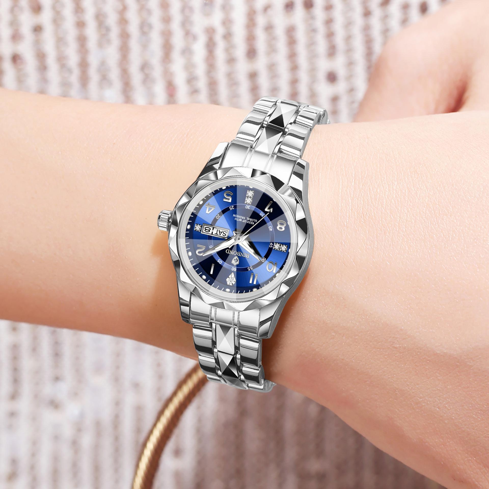 Binbang Women s Waterproof Luminous Quartz Watch – Trendy, Fashionable, Light Luxury with Double Calendar Feature Steel-Blue Face (Female)