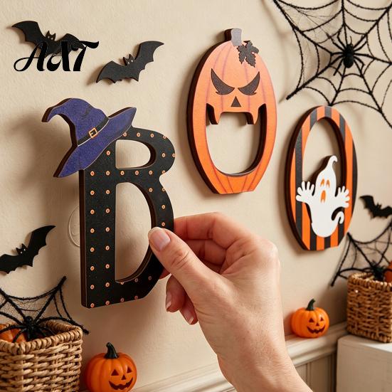 Halloween Desktop Ornament Decor Wooden BOO Ornaments for Tabletop Tiered Tray Decor, Solid Wood Signs Creative Letter Decorations Festive Holiday