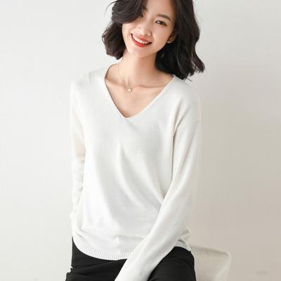 Women's Fashion Casual Solid Color Print Autumn Winter Long Sleeve V Neck Loose Pullovers Sweaters