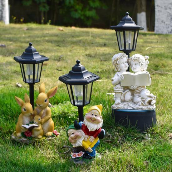 Garden Statue with LED Solar Lamp Weather Resistant Automatic Charging Outdoor Patio Sculpture Decor LED Light