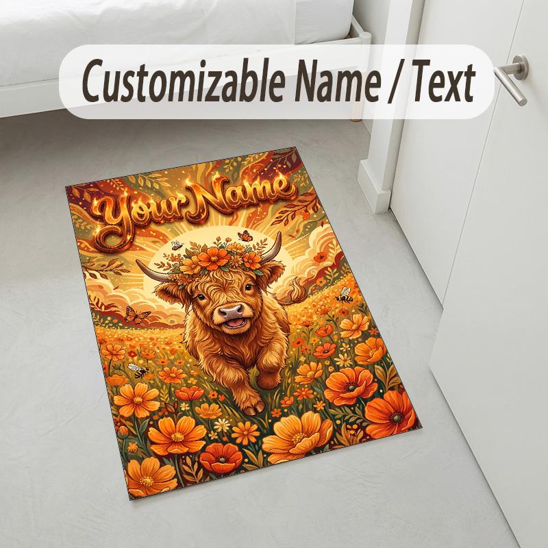 Cow Highland Theme Crystal Velvet Rug Personalized Custom Name Text Soft Floor Mat Home Decor