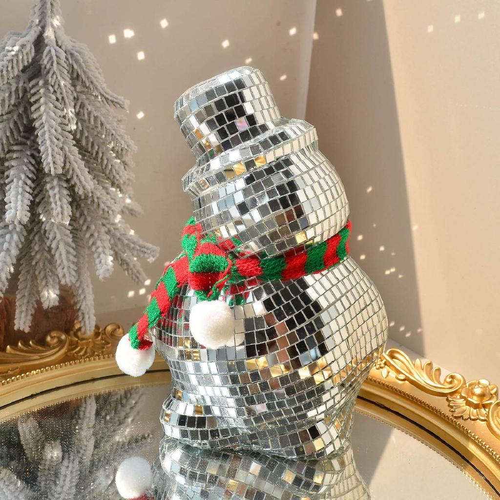 Estatua de Bola de Discoteca de Muñeco de Nieve Navideño Decoración Reflectante de Invierno, Con Bufanda y Gorro de Punto, Adecuada Para Chimeneas Navideñas, Reuniones Navideñas