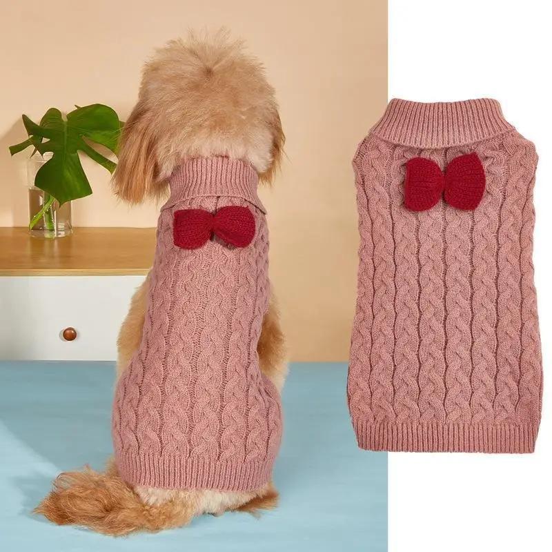 Pet Pullover High Collar Sweater Solid Fried Dough Twists Sweater Bow Knit Multicolor Comfortable Autumn Winter Christmas Pet