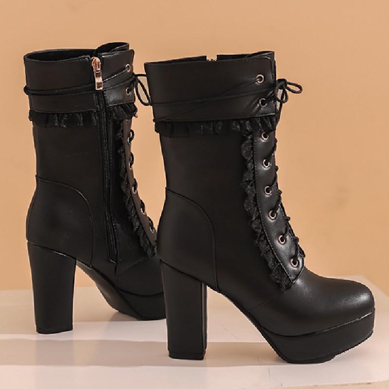 Fashion Fashion Mid-calf Boots Women Platform Autumn Winter Shoes Lovely Sweet Lace Up Pink White Lolita Shoes Girls Boots Large Size 48