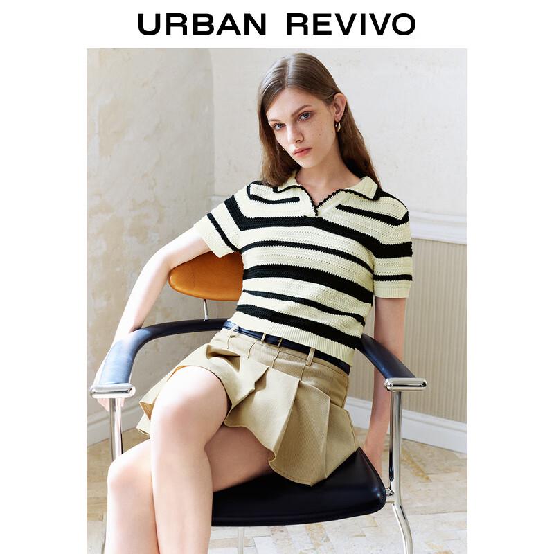 UR 2024 Autumn Women's Color-block Stripe Textured Short Sleeve Knit Top