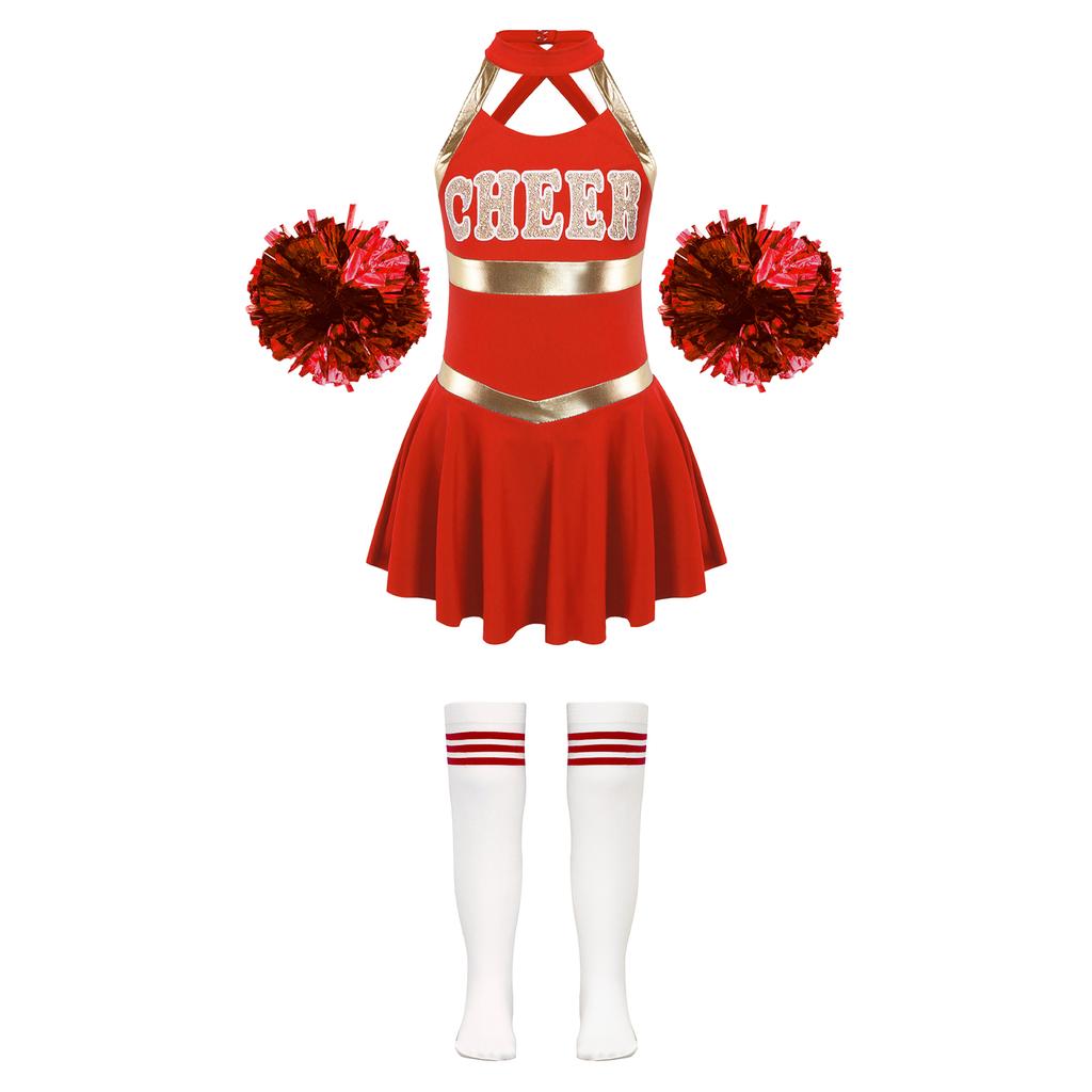 Girls Cheer Costume Sleeveless Crisscross Back Letter Print Patchwork Dress Pom Poms Striped Socks Set