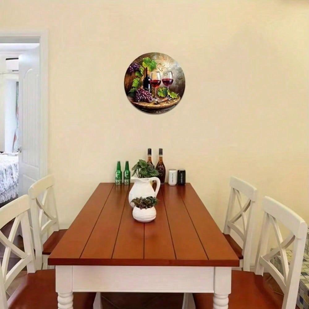 Round Metal Wall Art Wine Grape Vine Glass 2D Flat Decor for Bar Restaurant Kitchen