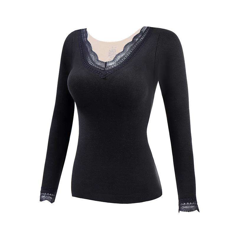 Lace Trim V Neck Thermal Long Sleeve Top With Built In Bra M чёрный