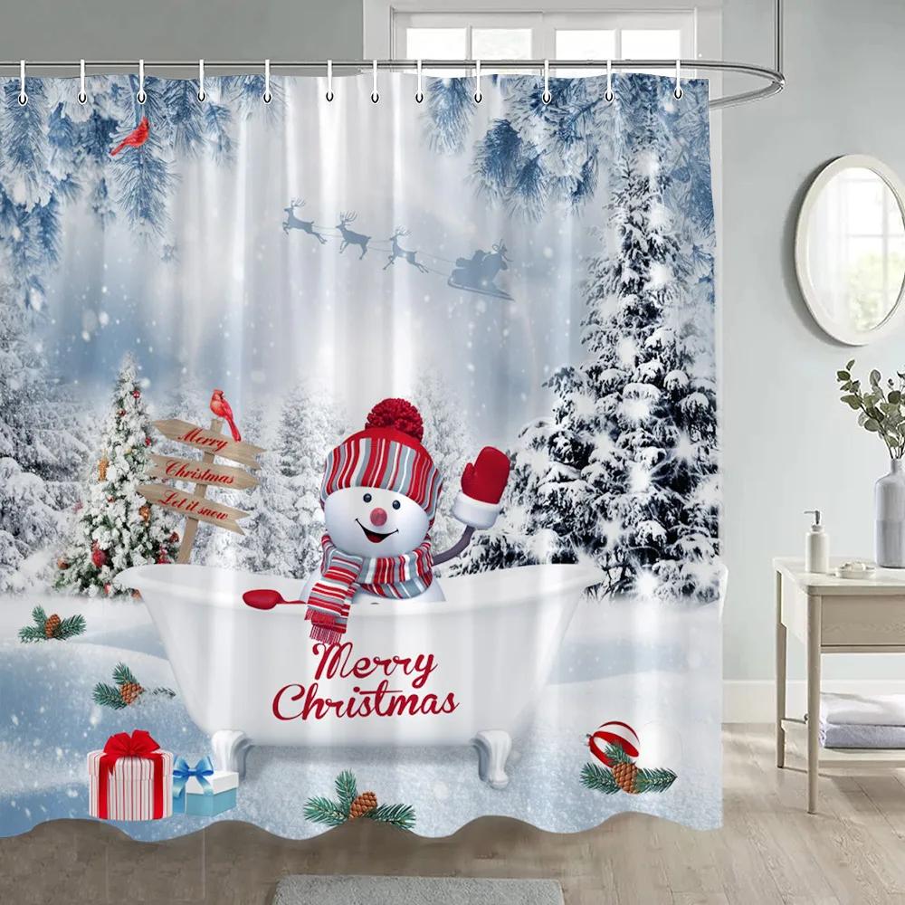 Christmas Snowman Shower Curtain Winter Forest Red Berry Birds Snowy Scene Xmas Bath Curtains Fabric Wall Hanging Bathroom Dec