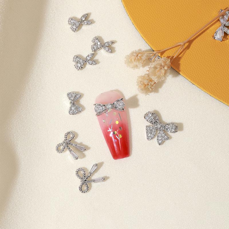 1Pc Glitter French Silver Bow Nail Art Charm 3D  Glass Stone Pearl Bowknots Nail Jewelry Diy Manicure Accessory