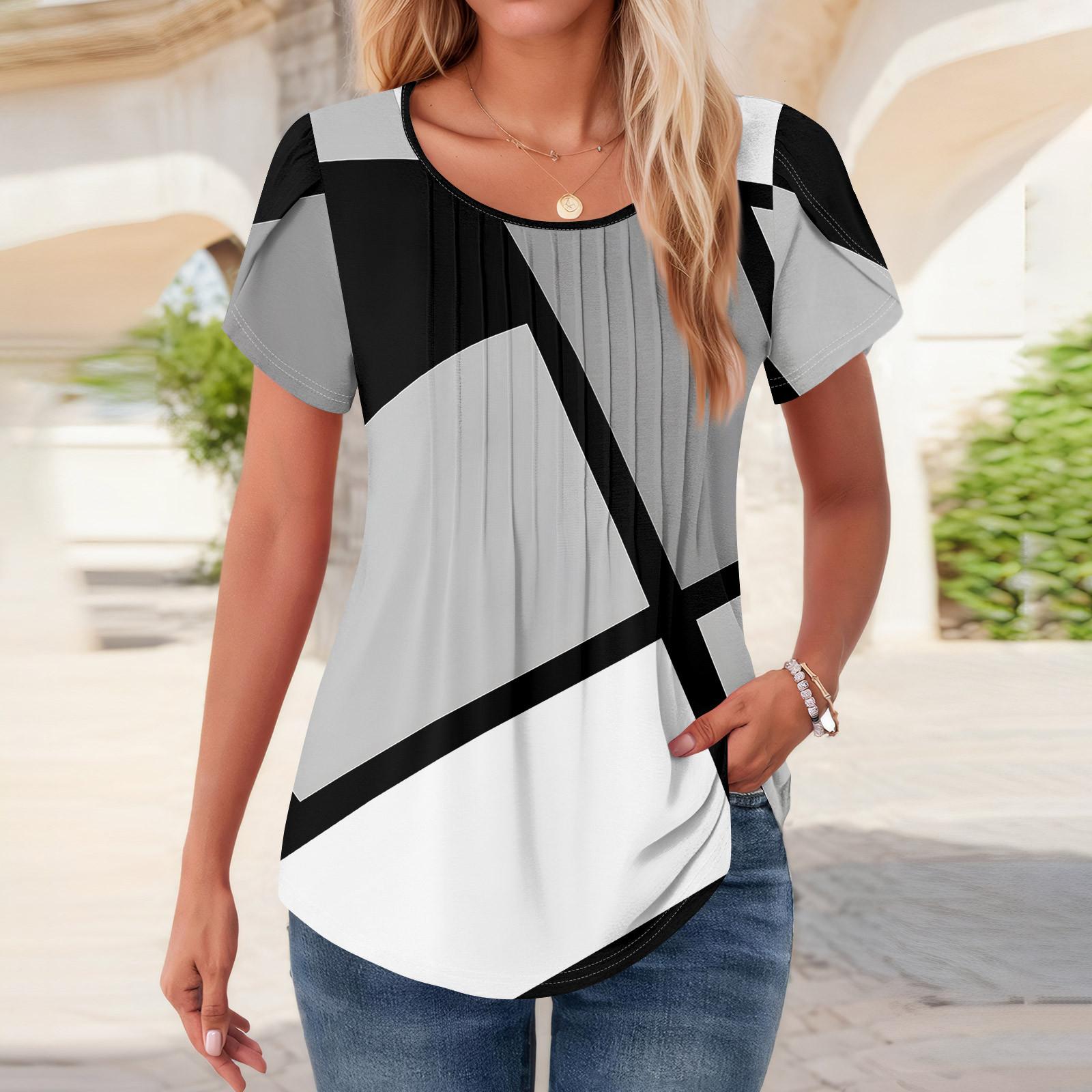 

Женские топы с коротким рукавом и круглым вырезом, летние рубашки с цветочным принтом, блузки для женщин, нарядные повседневные S