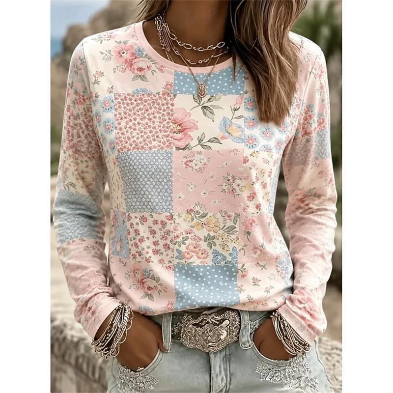 2026 Herbst Neues Damen Langarm Rundhals Lässiges T-Shirt mit Buntem Blumendruck Pflanzenelementen Outdoor Chic Top