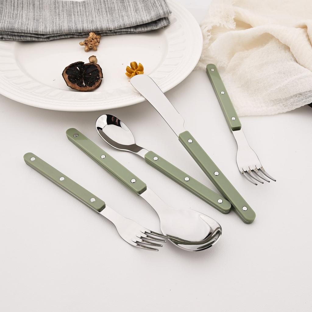 16 Pieces Color Handle Flatware Eating Utensils, Stainless Steel Tableware Rivet ABS Handle Design, Knives Forks Spoons for Home, Service for 4