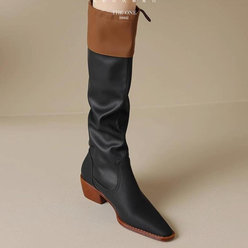 Fashionable High Quality Mid-tube Boots for Women's Color Blocking Pointed Design Womens Leather Platform Boots Botas Para Mujer