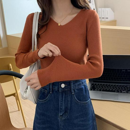 Dámský pletený pulovr s výstřihem do V slim fit: Trendy, s dlouhým rukávem, teplé na podzim a zimu