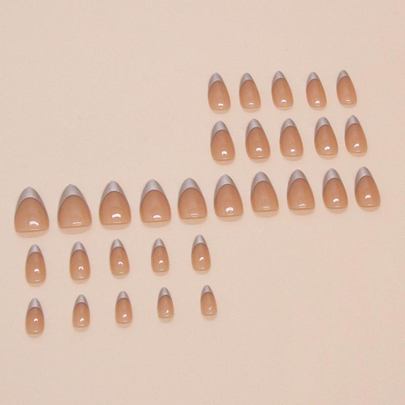 Silver French Removable Fake Nails Set - Short, Wearable, Simple Nail Art Patches