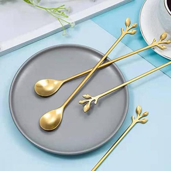 Long Handle Ice Tea Spoons Set Ice Cream Leaf Spoon Stainless Steel Cocktail Stirring Spoon Gold Coffee Spoons For Coffee Bar Dessert Hottea Shakes
