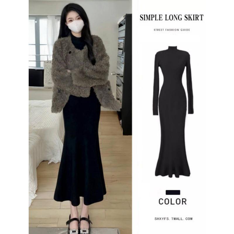 

Women s Black Fishtail Knitted Dress with Lotus Fur Lining - Autumn/Winter Hip-Hugging Long Skirt Medium