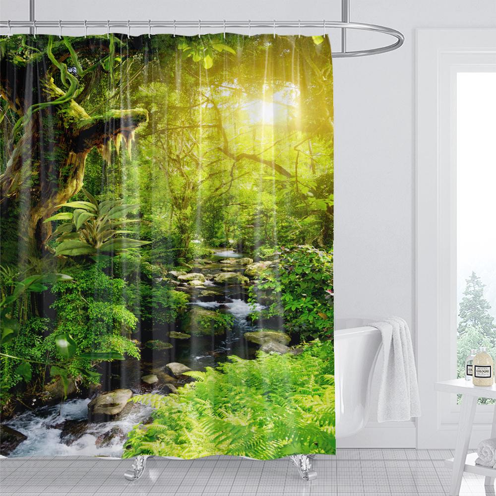 1 Pcs Forest Pattern Polyester Material Shower Curtain Waterproof Fabric, Partition Curtain For Bathroom,Home Decoration Curtain