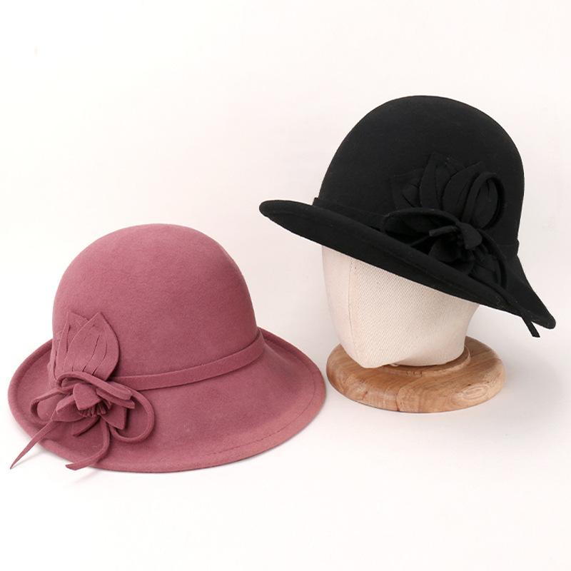Autumn and winter upturned flower woolen hat lady elegant retro British style shopping hat wide-brimmed hat