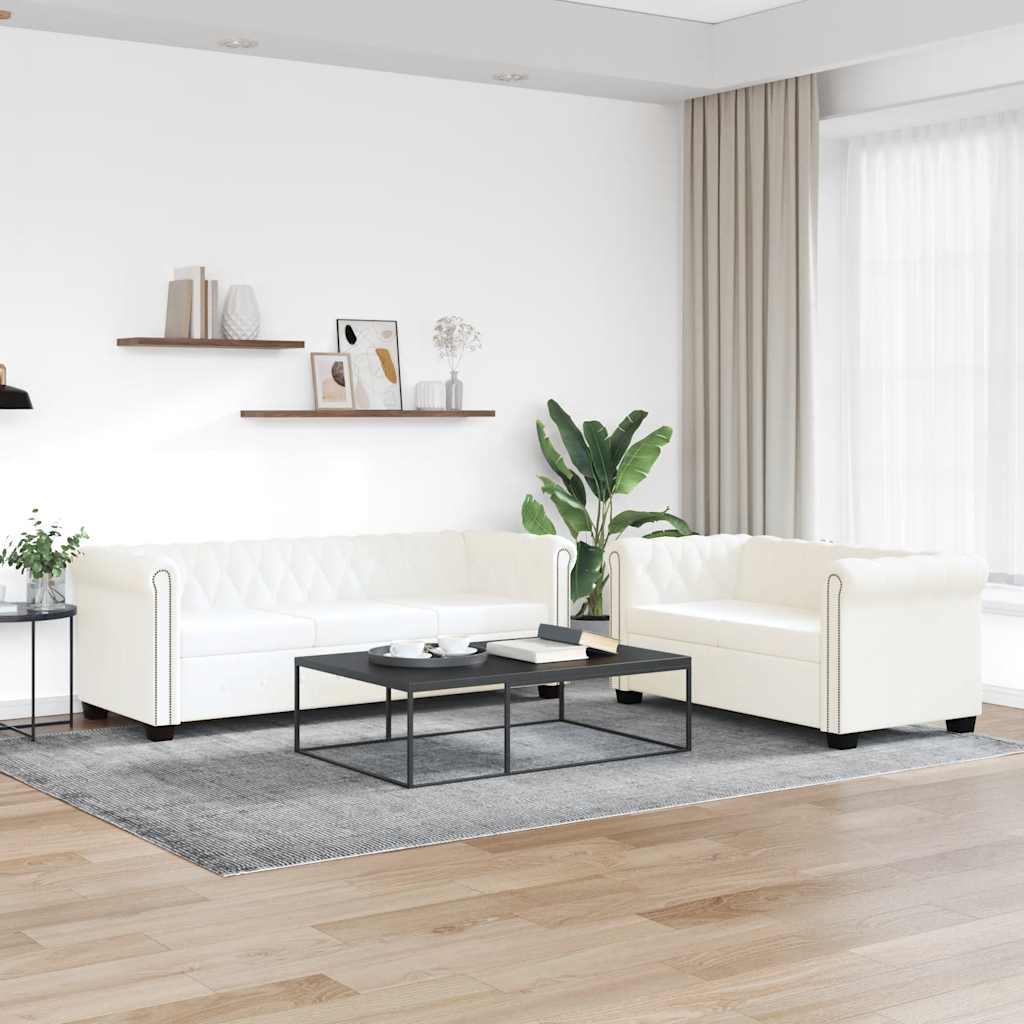Chesterfield Sofa Set 2 Seater and 3 Seater In White Faux Leather