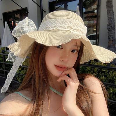 Summer Sun Protection Sun Hat Straw Hat Women's Seaside Lace Bow Sun Hat Big Brim Showing Face Small Straw Hat