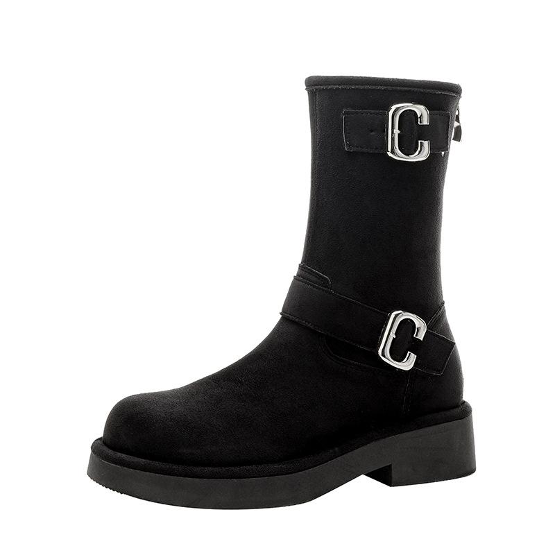 

Grape mother, the same 2025 autumn and winter new super soft waxy retro locomotive buckle with round head thick bottom heightening medium boots women 34