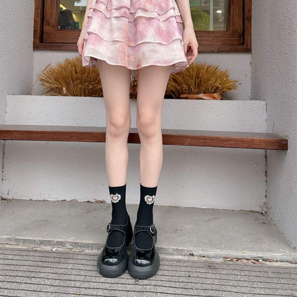 Crystal Rhinestone Heart Socks Cotton Mid-calf Socks Women Soft Y2K Tube Socks  Female