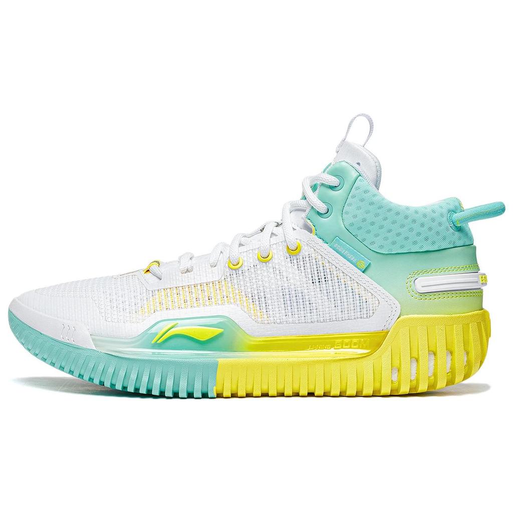 New LiNing Badfive 3 Cushioning, Slip Resistant, And Abrasion Resistant Mid Top Basketball Shoes Men's White Green Yellow ABFT005-9