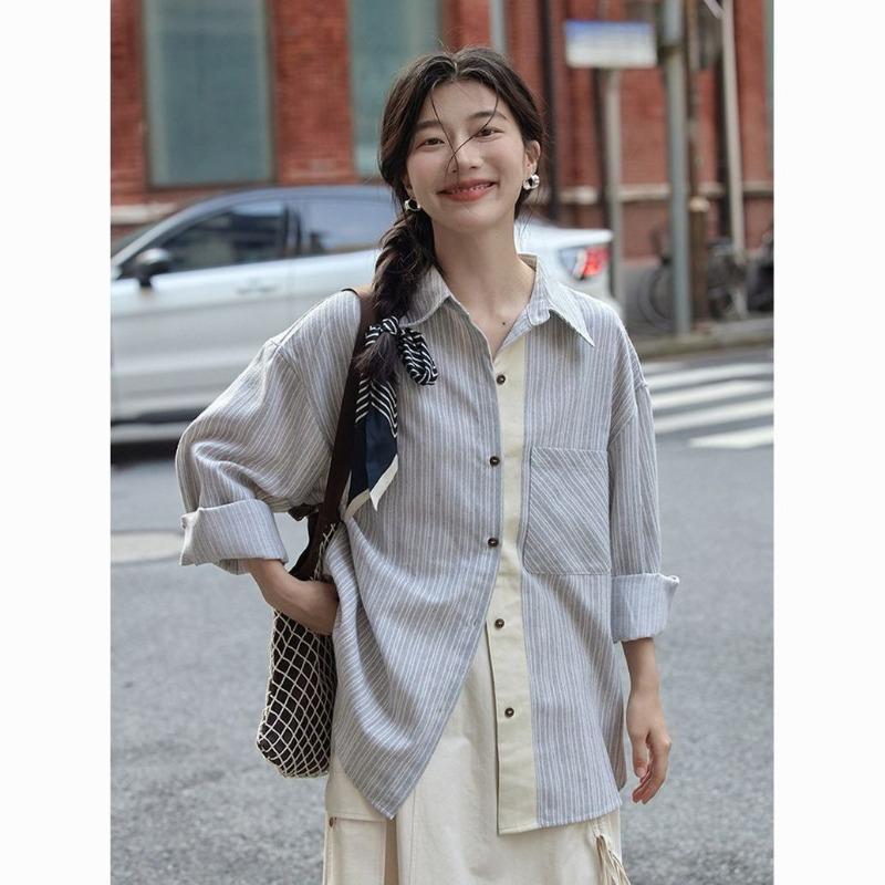 Striped Women's Long Sleeved Shirt Fashionable Contrasting Single Pocket Blouses Korean Commuting Style Lady Clothing