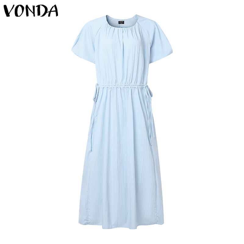 

VONDA Женское платье с коротким рукавом, кулиской на талии, мягкое повседневное, с оборками и плиссировкой M