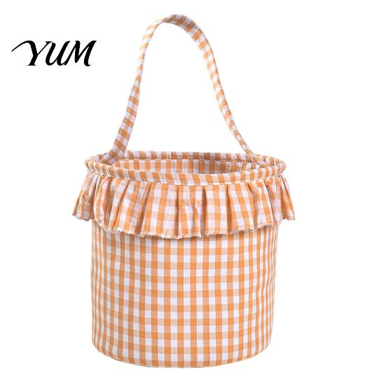 Holiday Decorative Storage Bins Halloween Basket, Plaid Ruffle Trick or Treat Candy Bucket with Handle Christmas Present Pouches for Kids, Reusable