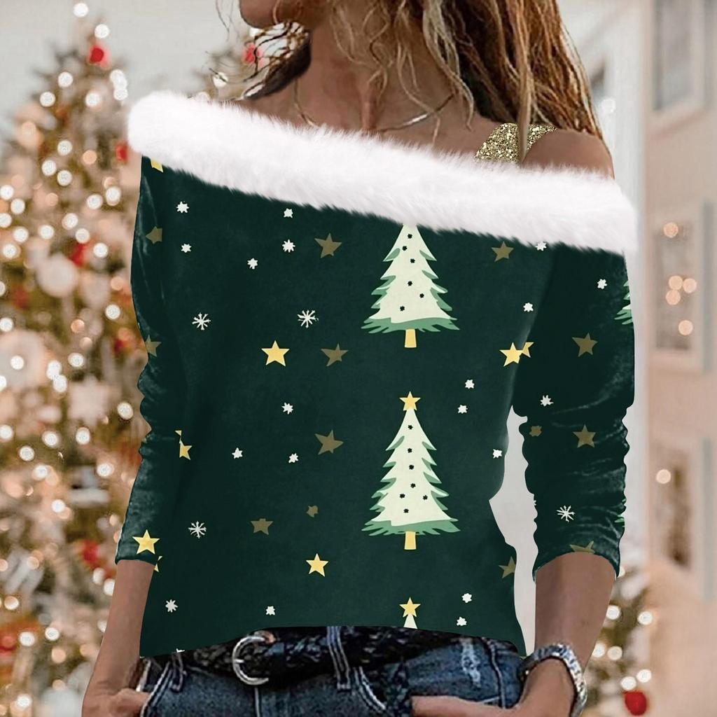 Women's Christmas Snowflake Print Long Sleeve Twill Pullover Collar Top