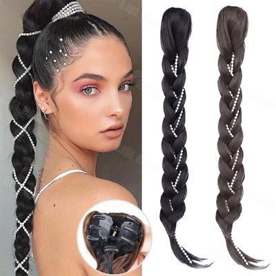 Synthetic Long Straight Flexible Braided Ponytail Extension Natural Black For Women Daily Cosplay