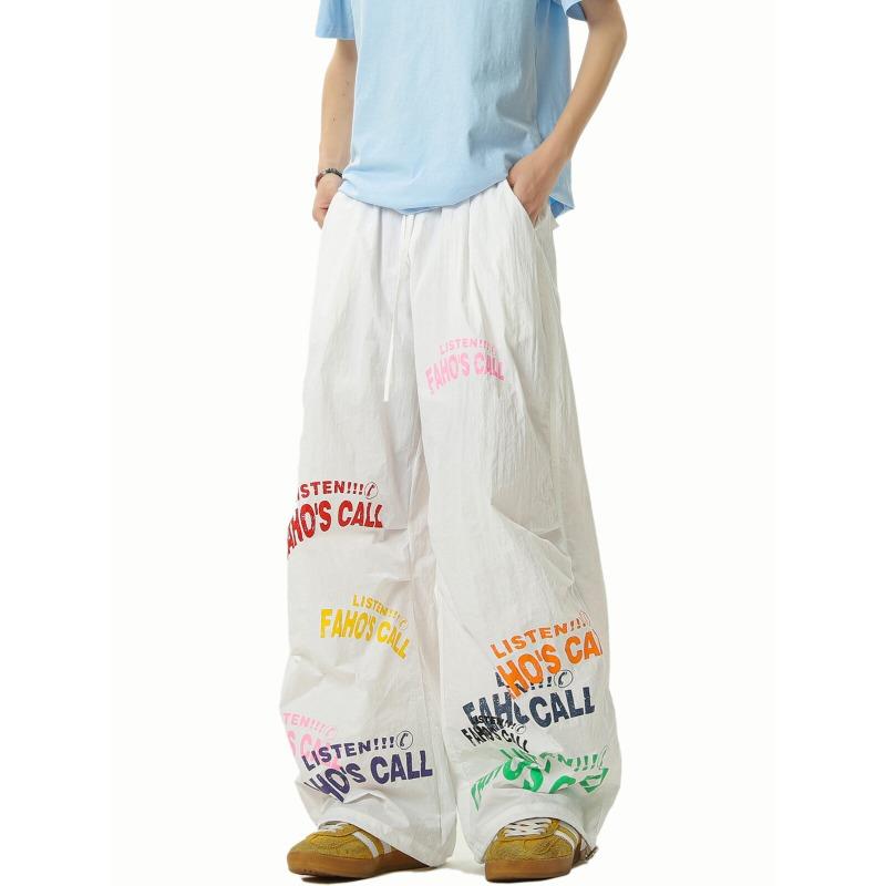 

Homemade simple letter-printed drawstring wide-leg pants men s and women s loose casual paratrooper pants slim trousers version 2XL белый