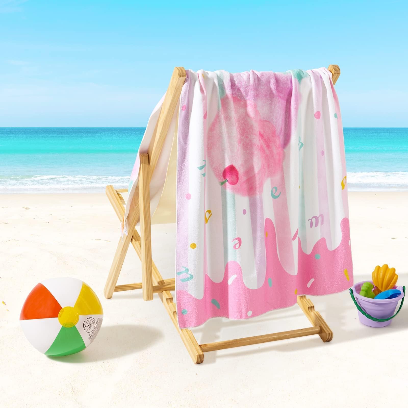 

Oversized Pink Ice Cream Beach Towel Cute Sweet Treat Quick Dry Microfiber Lightweight Pool Towel for Kids Girls W30*H60(CM)